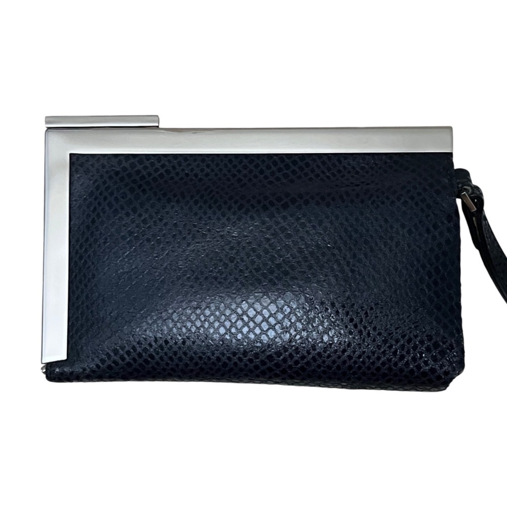 Calvin Klein Black Leather Snakeskin-Print Silver-tone Frame Wristlet Clutch - Picture 2 of 11